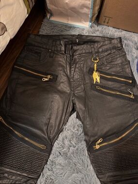 Robin's Jean Black Leather Biker jeans with Gold Zippers